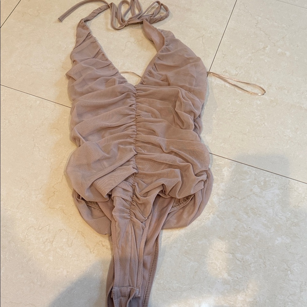 Zara Gathered Halter Bodysuit in Soft Brown